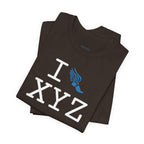 I Run unisex T, light blue logo