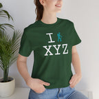I Hike unisex T, teal hiker
