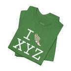 I Run unisex T, pink logo