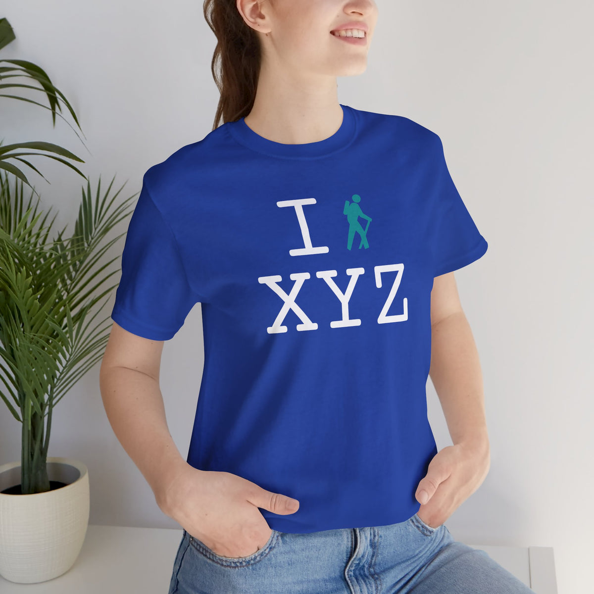 I Hike unisex T, teal hiker