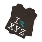 I Run unisex T, teal logo