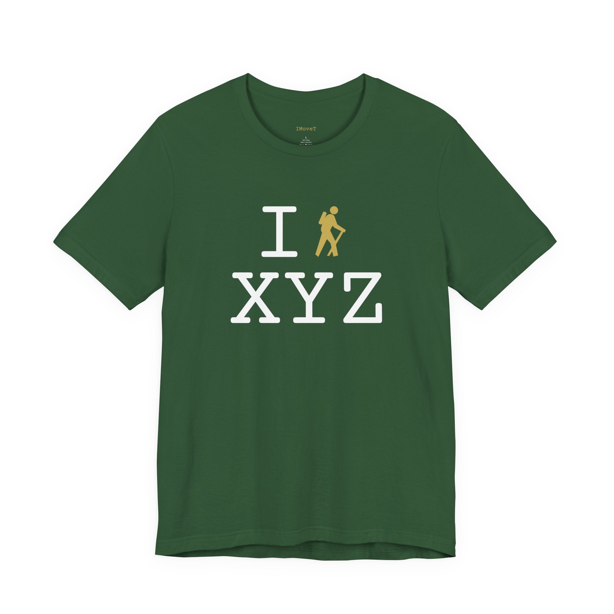 I Hike ___ unisex T, gold hiker