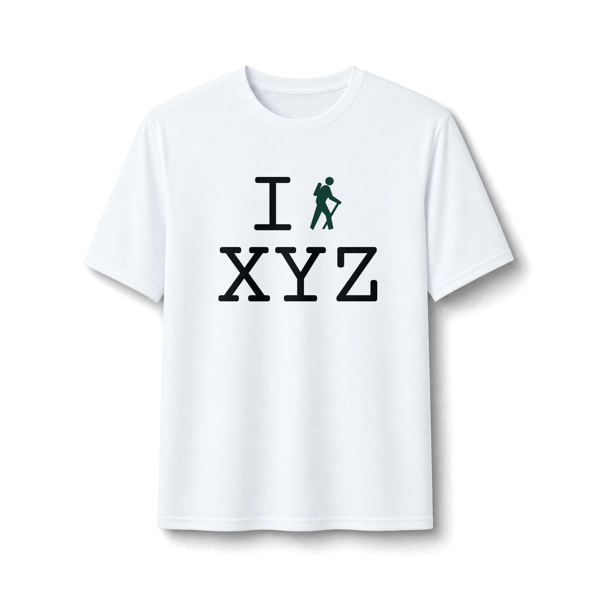 "I Hike ___" athletic T, dark green hiker