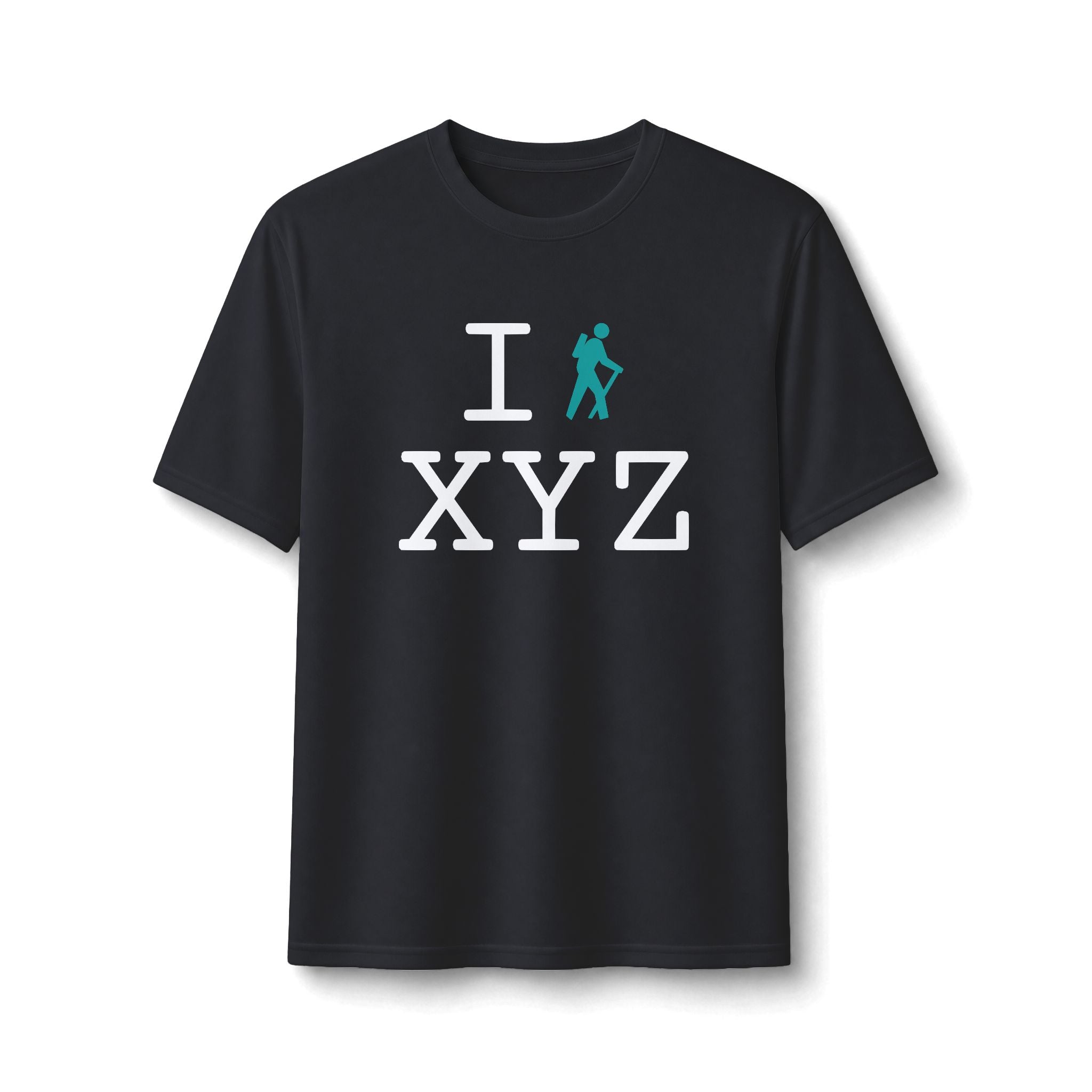 "I Hike ___" athletic T, teal hiker