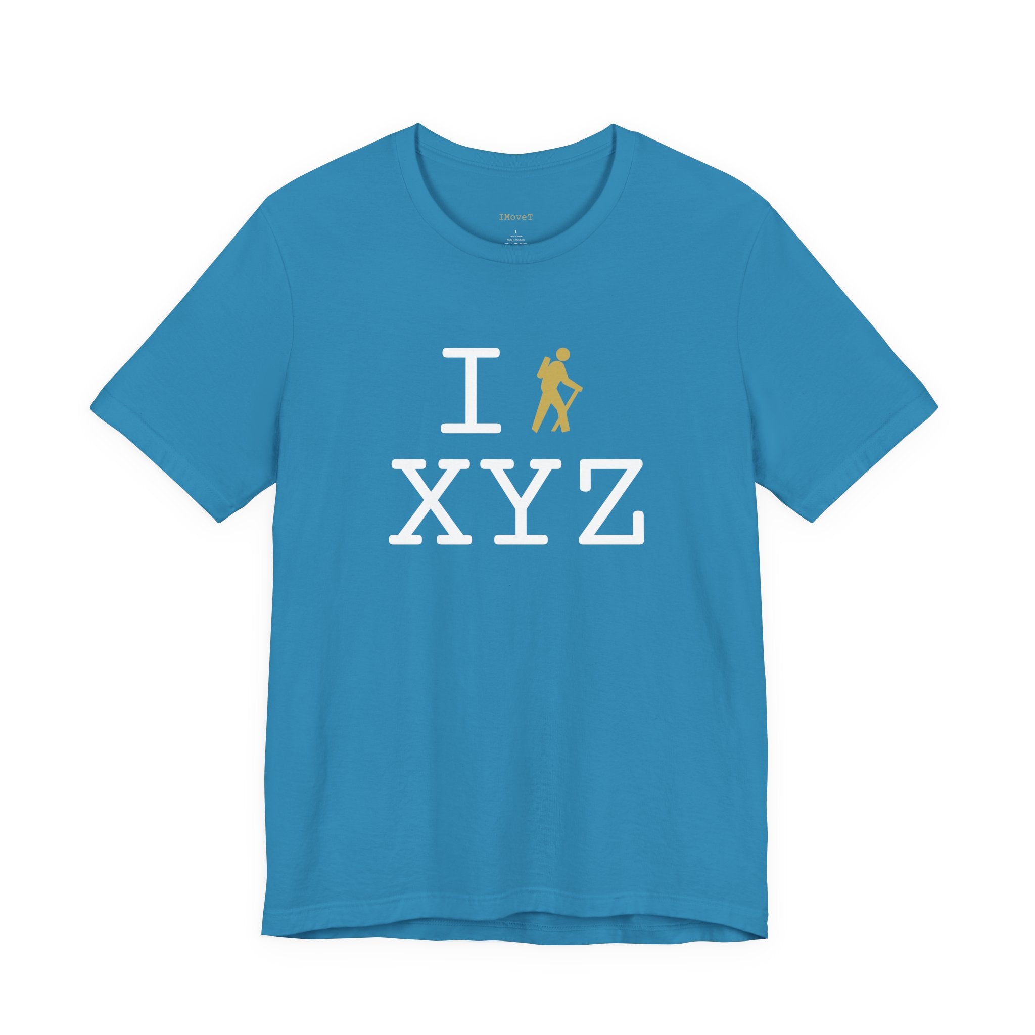 I Hike ___ unisex T, gold hiker