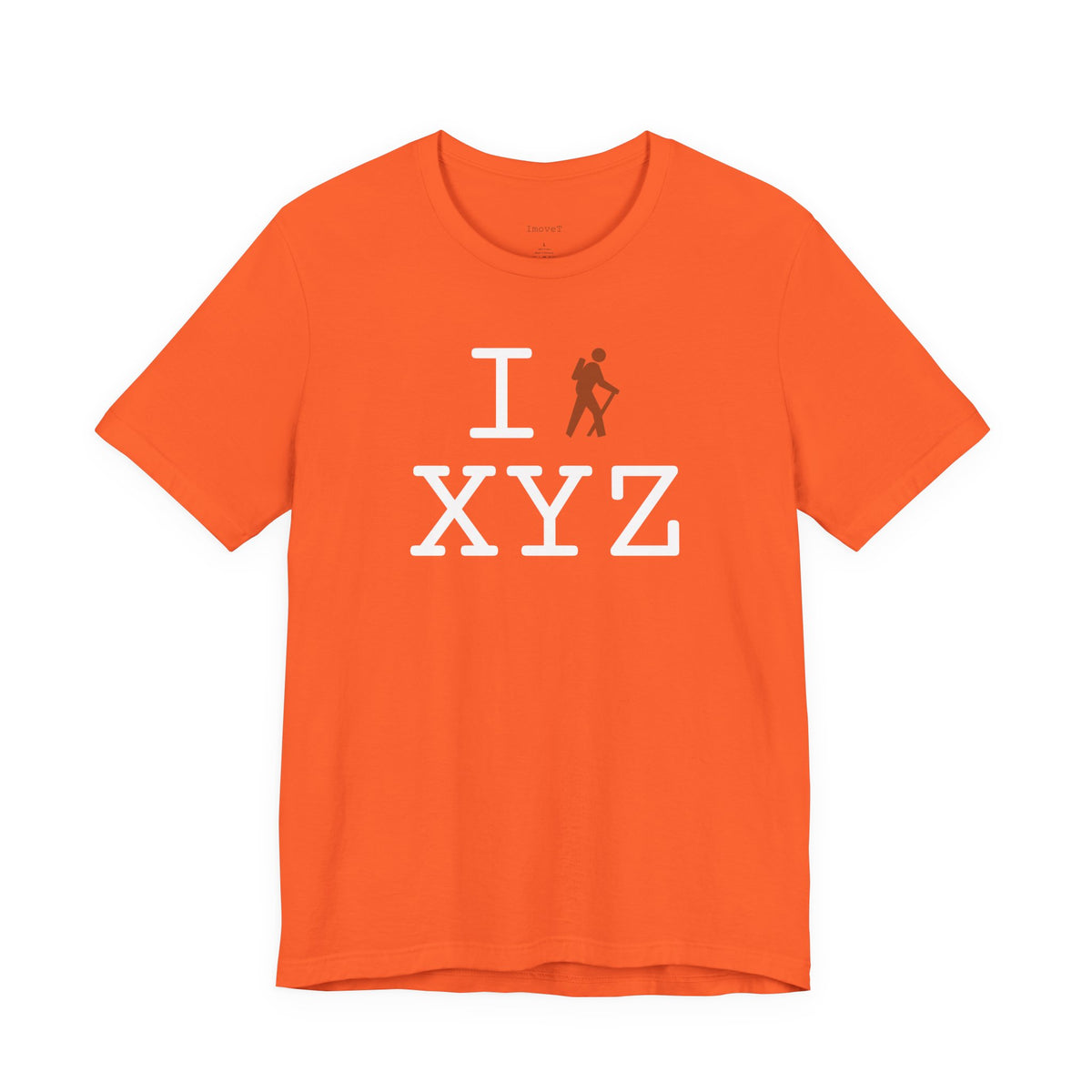 I Hike unisex T, dark orange hiker