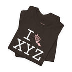 I Run unisex T, pink logo