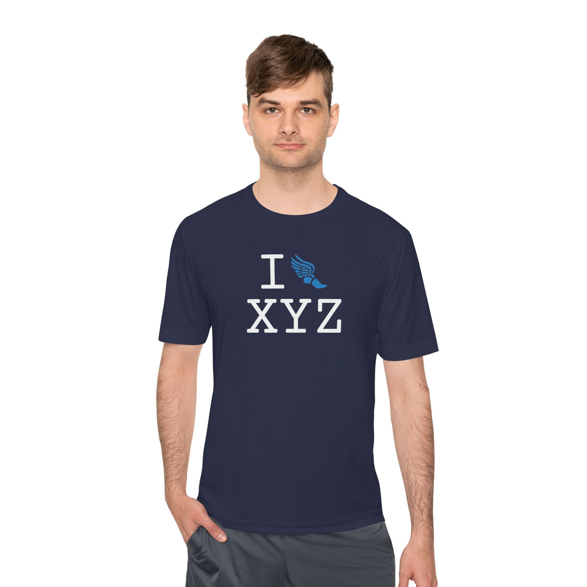 I Run athletic T, light blue logo