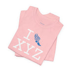I Run unisex T, light blue logo