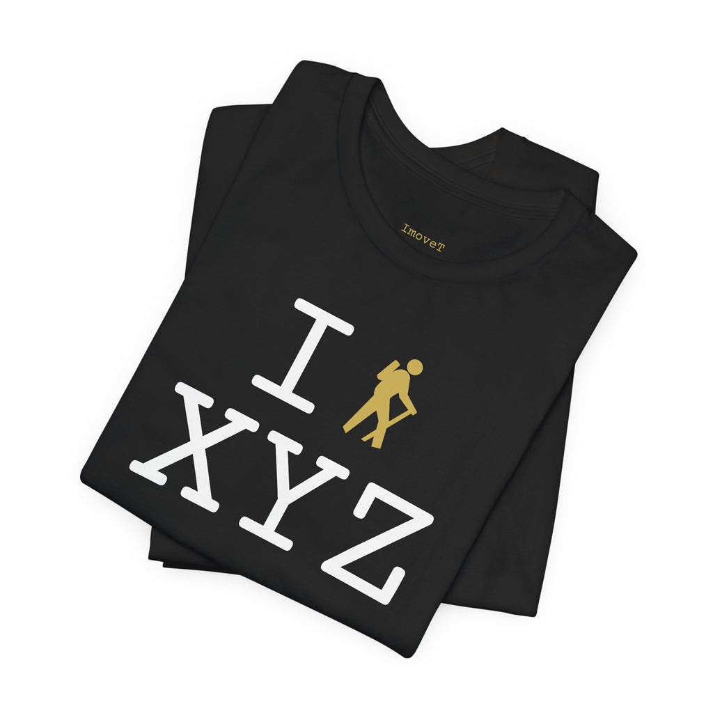I Hike unisex T, gold hiker