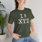 I Hike unisex T, pink hiker