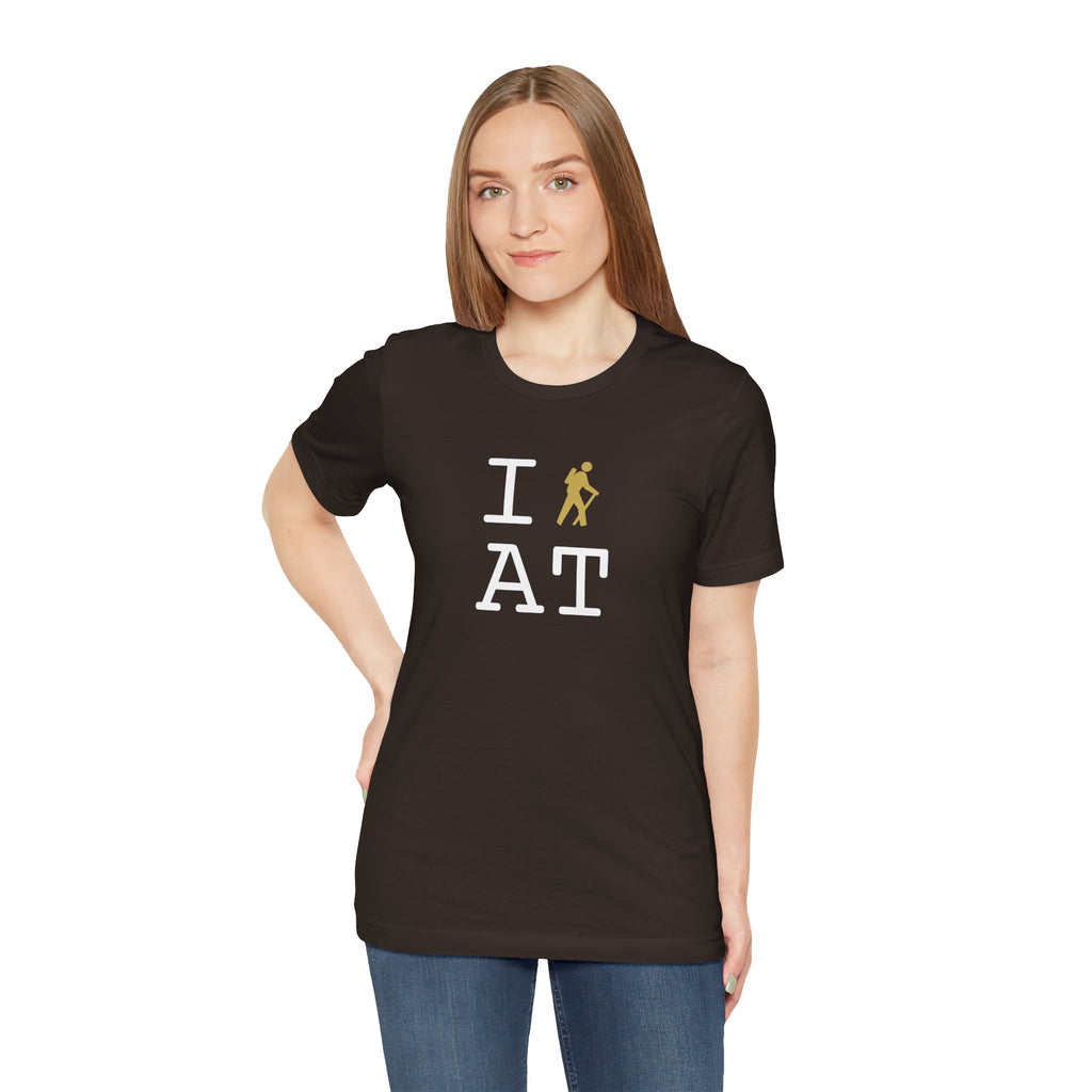 I Hike ___ unisex T, gold hiker