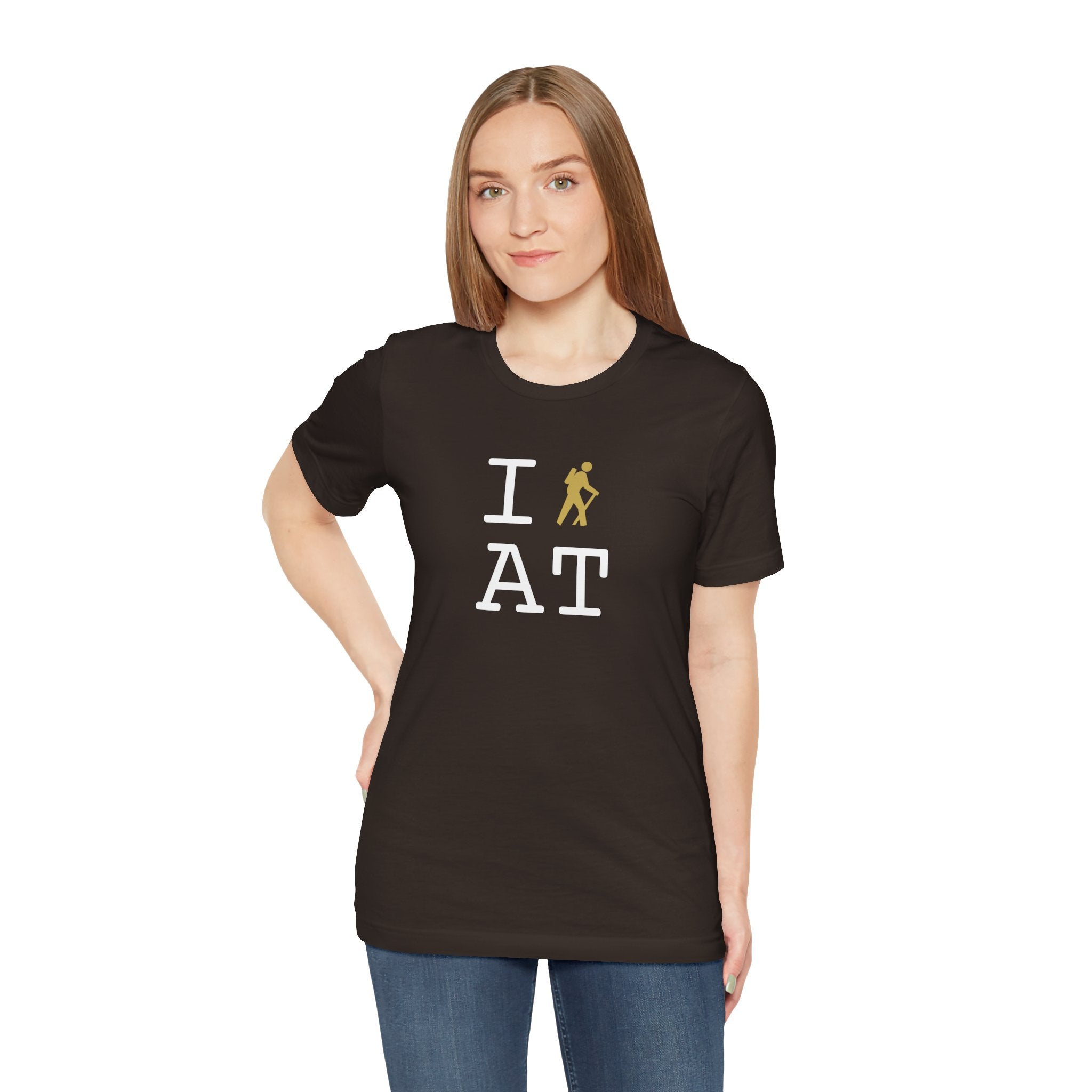 I Hike ___ unisex T, gold hiker