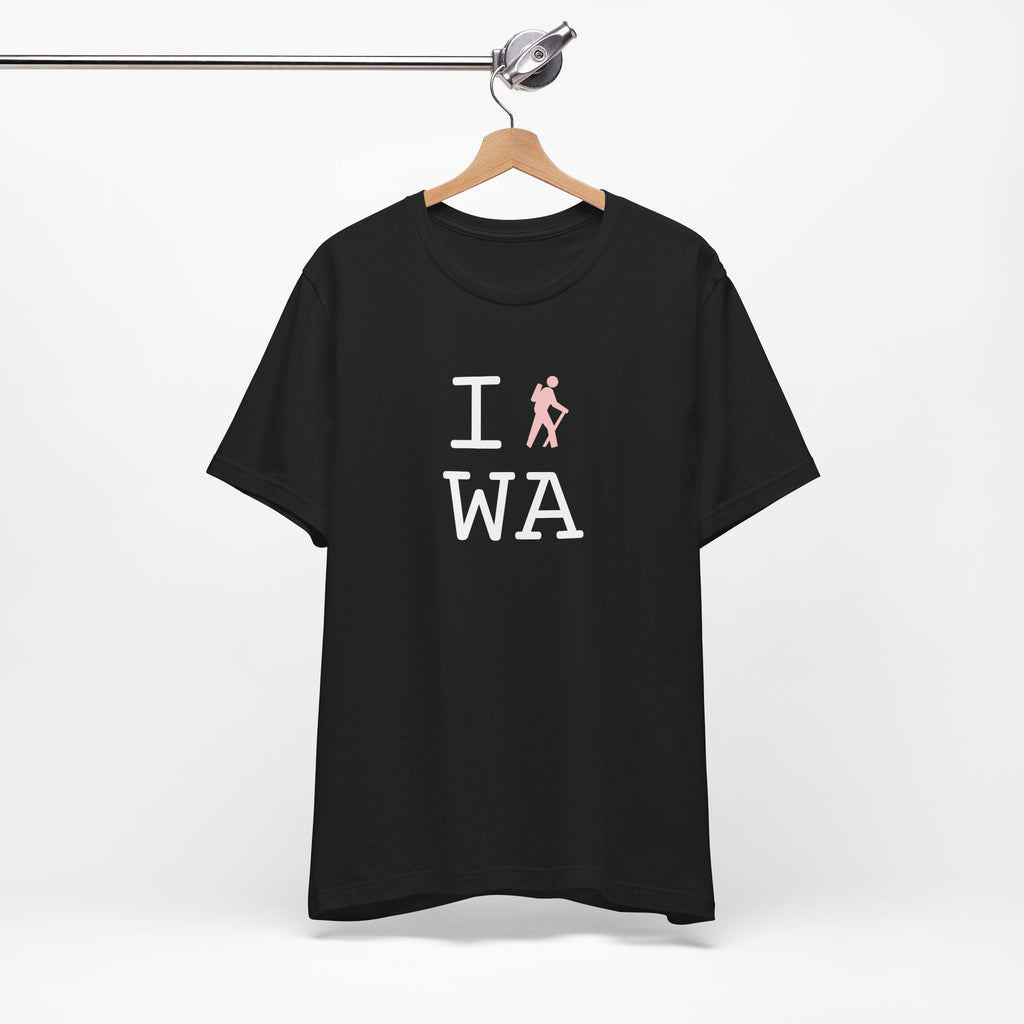 I Hike ___ unisex T, pink hiker