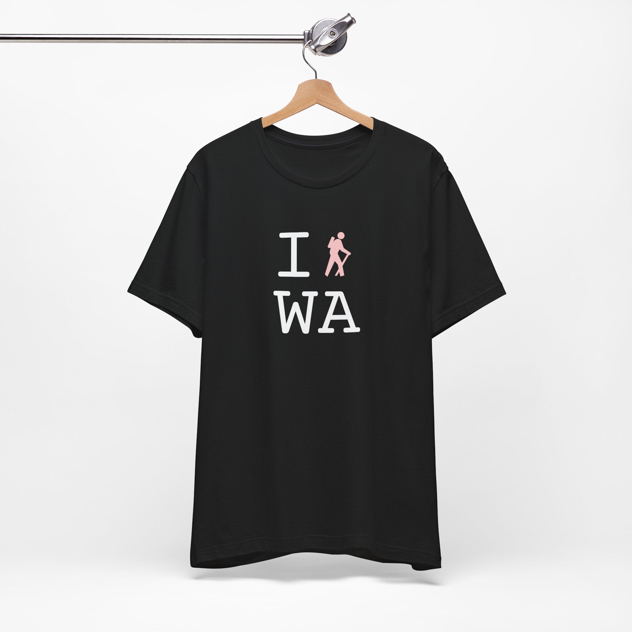 I Hike ___ unisex T, pink hiker