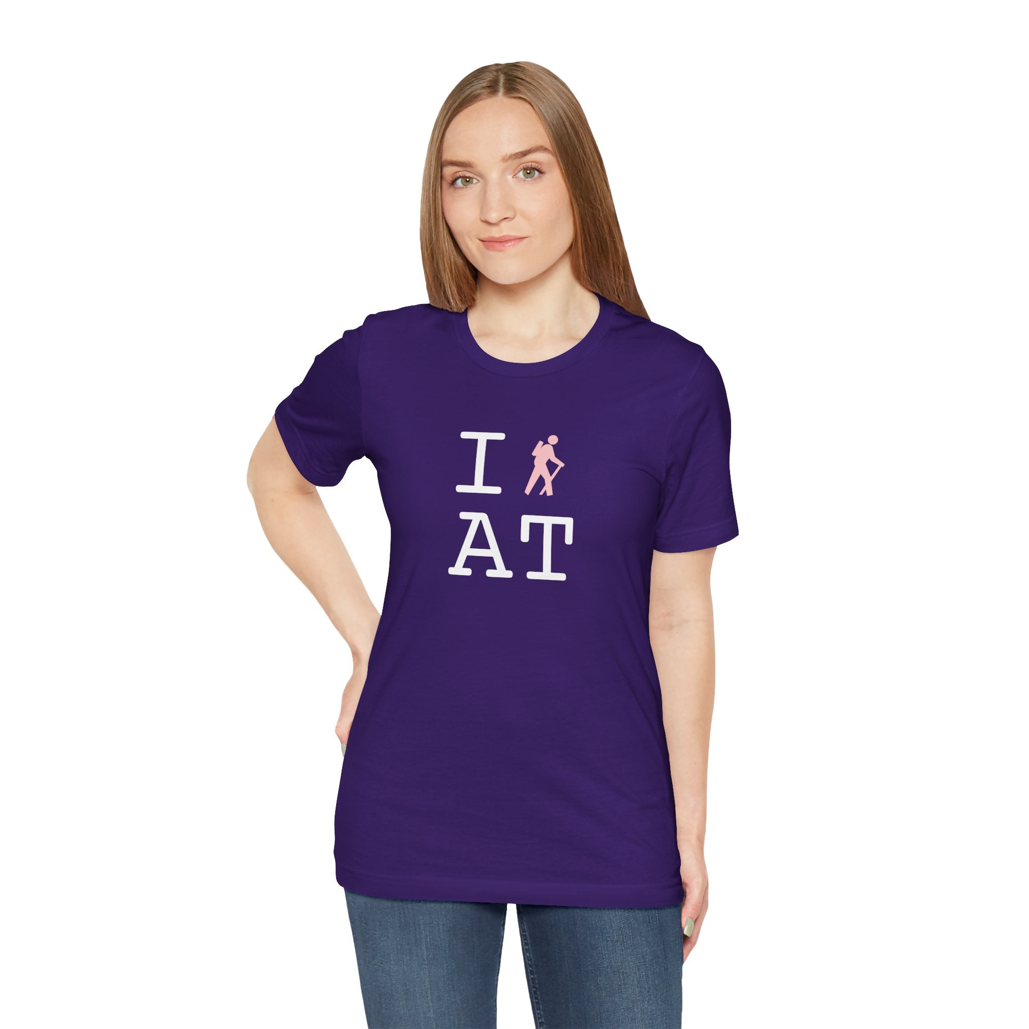 I Hike ___ unisex T, pink hiker