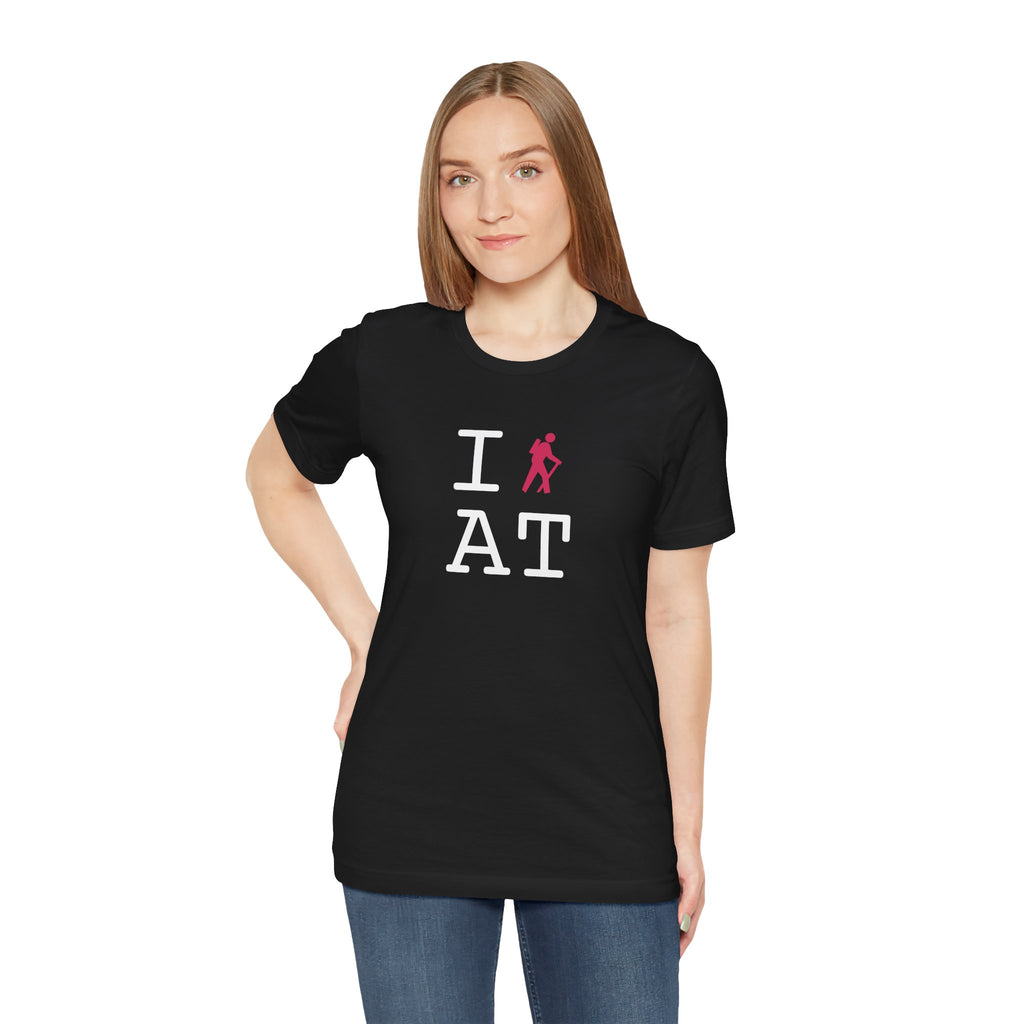 I Hike ___ unisex T, hot pink hiker