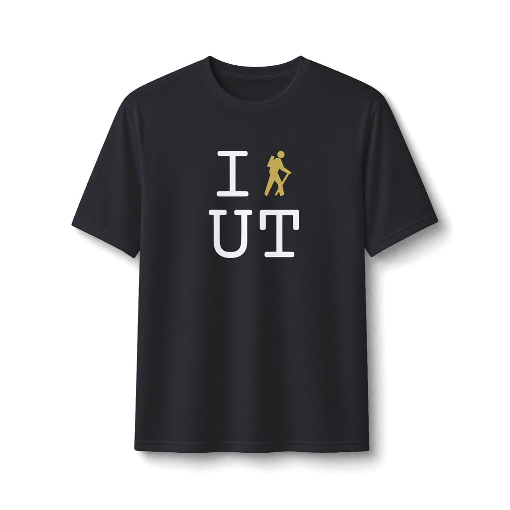 "I Hike ___" athletic T, gold hiker