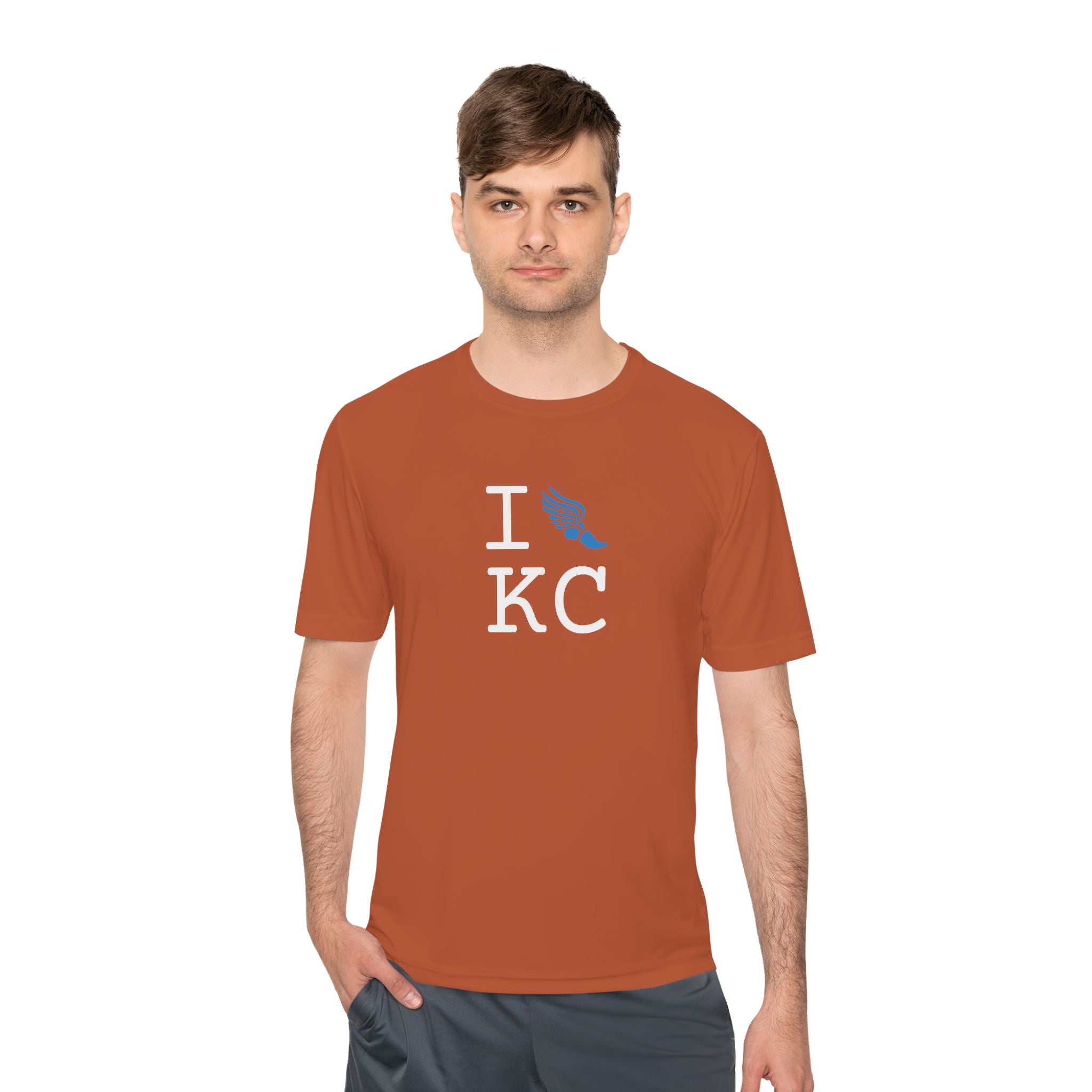 I Run athletic T, light blue logo