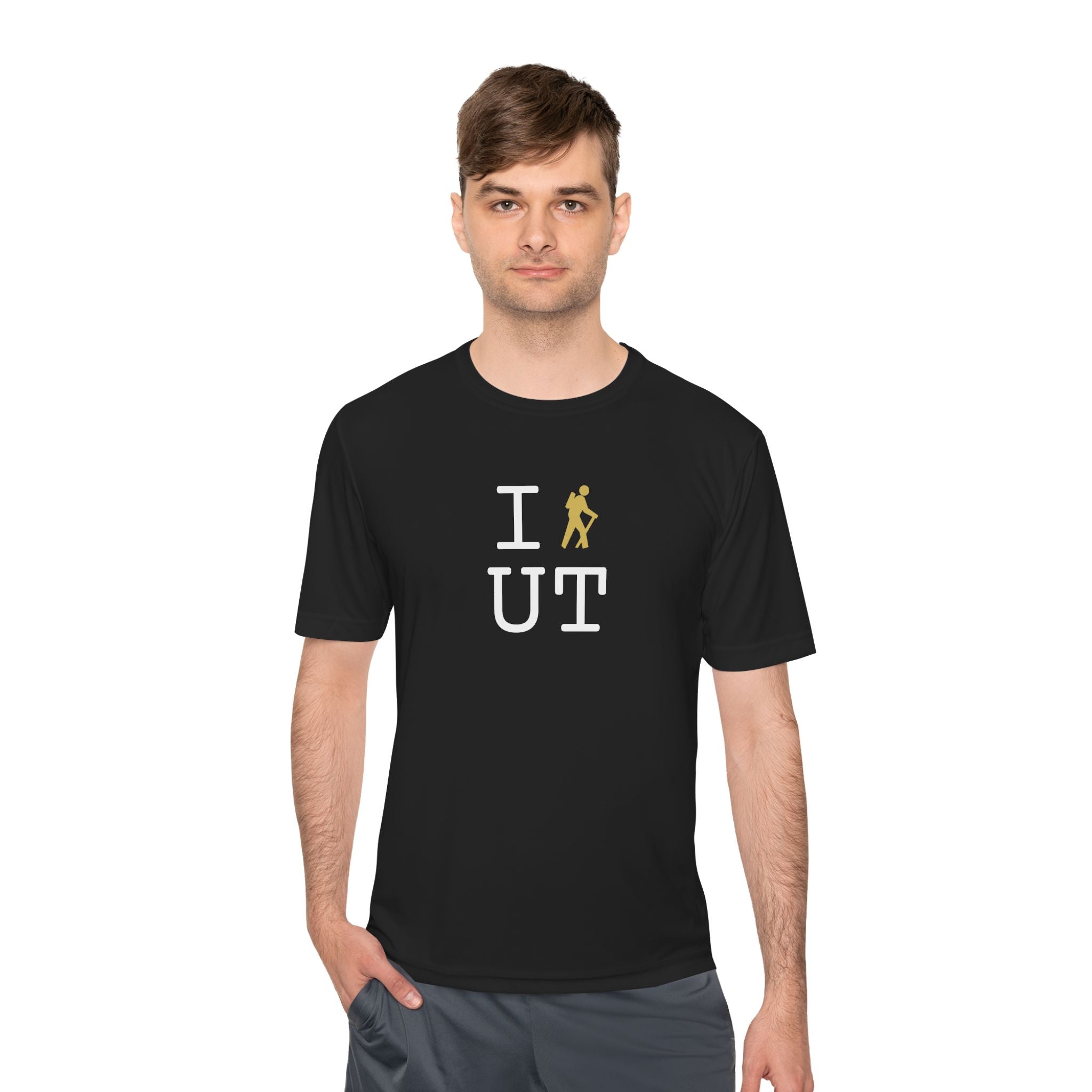I Hike athletic T, gold hiker