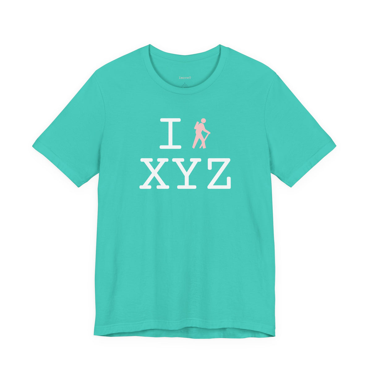 I Hike unisex T, pink hiker
