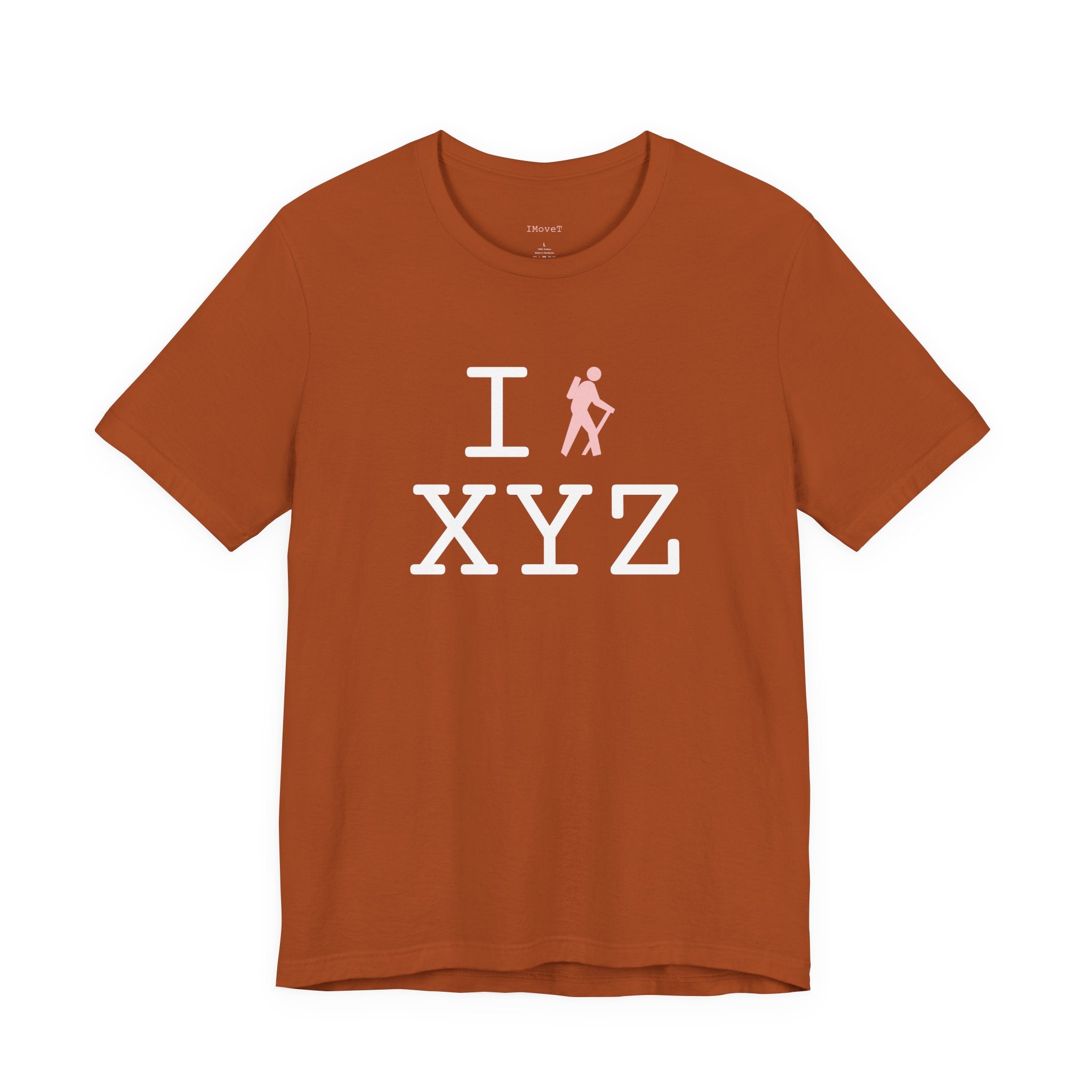 I Hike ___ unisex T, pink hiker