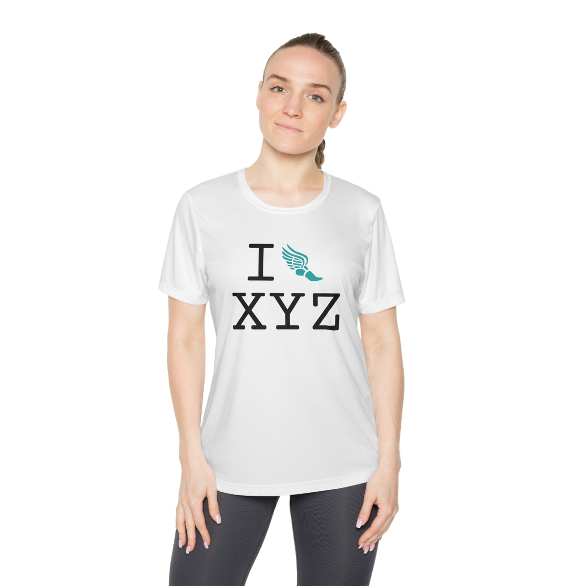 I Run women's athletic T, teal logo