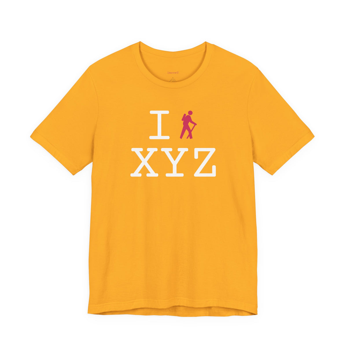 I Hike unisex T, hot pink hiker