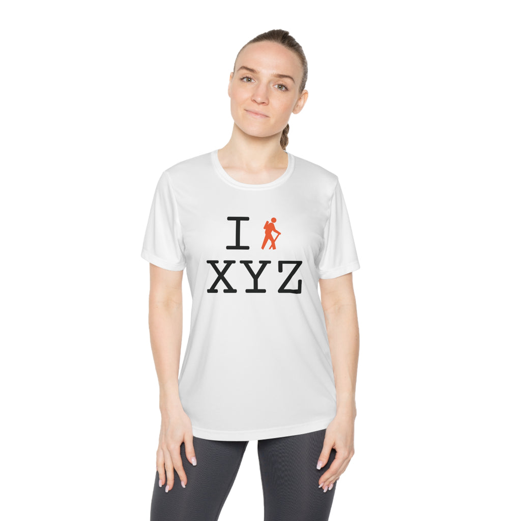 I Hike women's athletic T, orange hiker