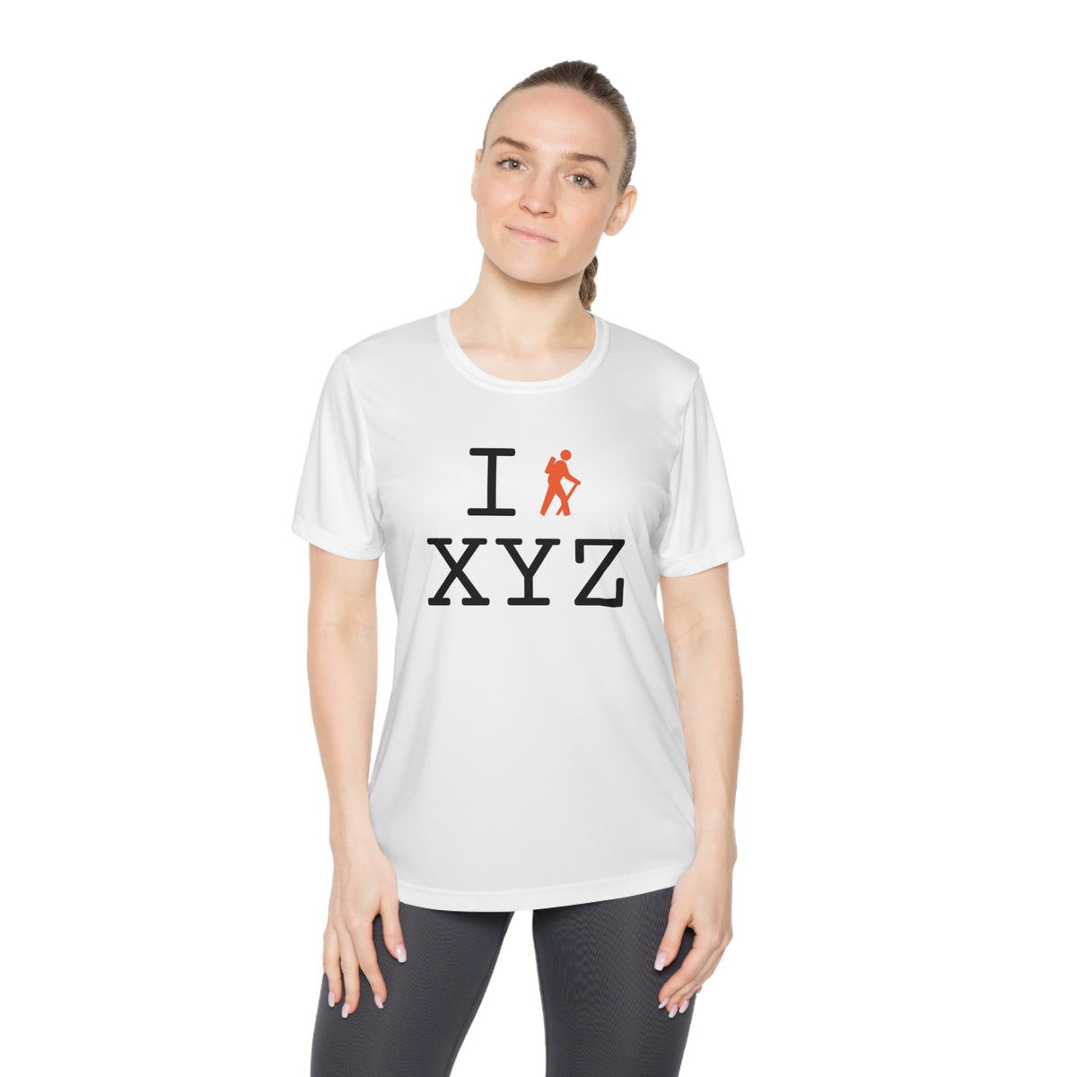 I Hike women's athletic T, orange hiker
