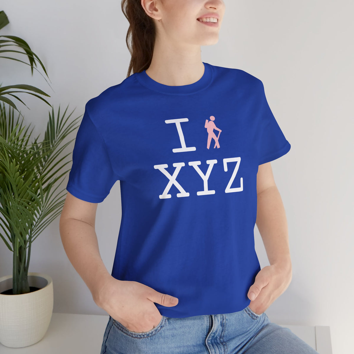 I Hike unisex T, pink hiker