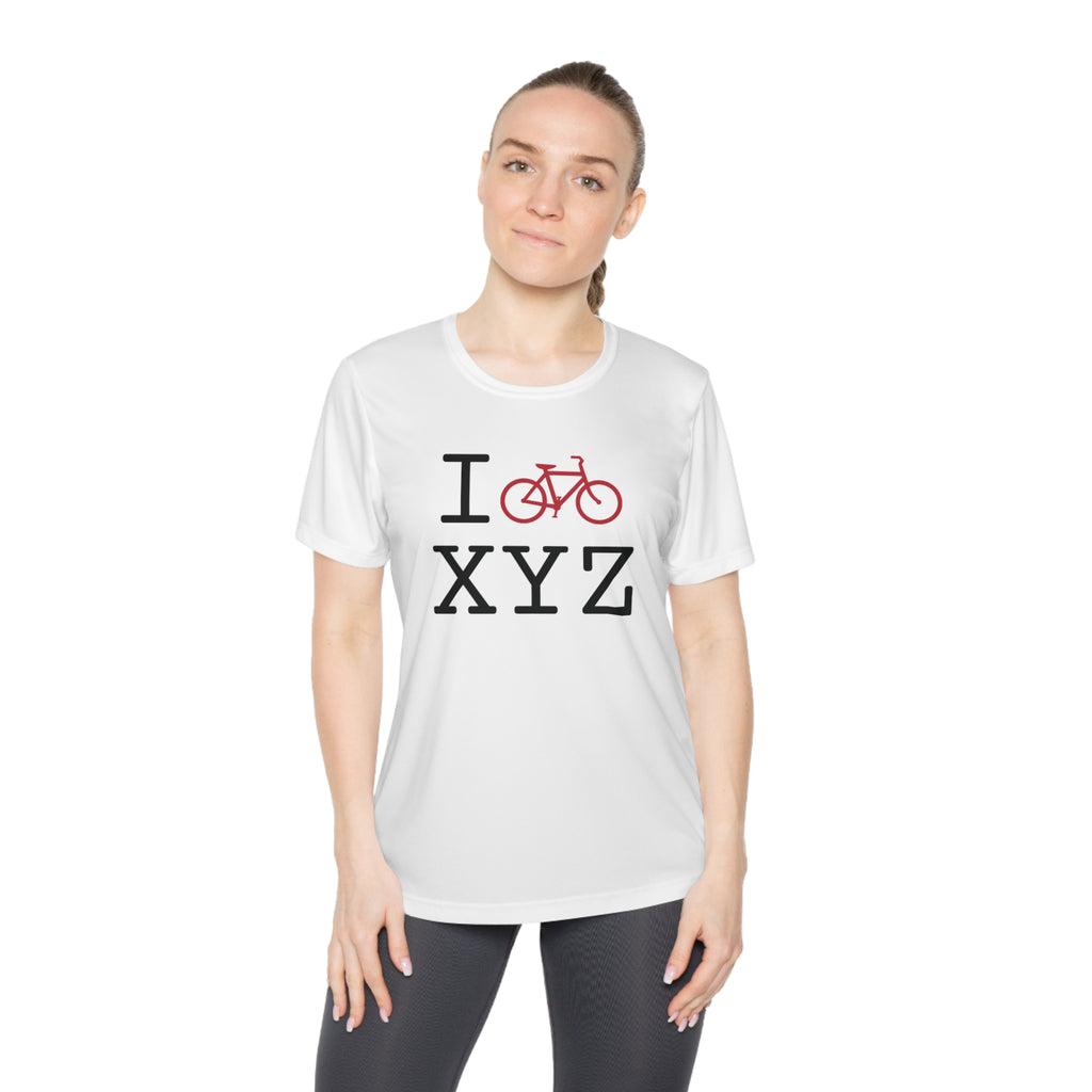 I Bike women's athletic T, crimson bike