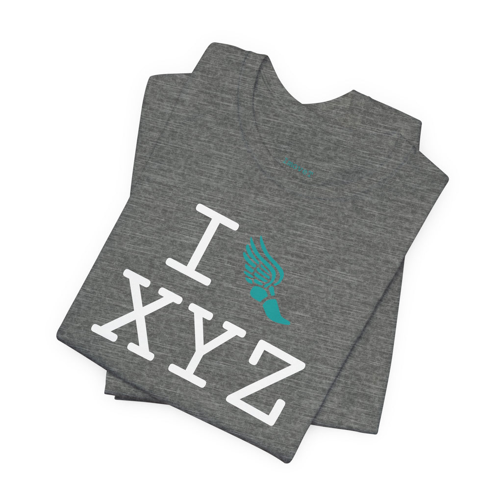 I Run unisex T, teal logo