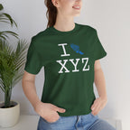 I Run unisex T, light blue logo