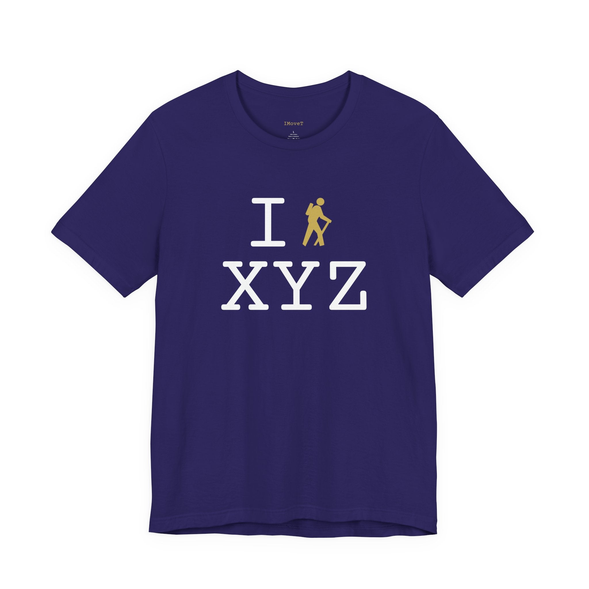 I Hike ___ unisex T, gold hiker
