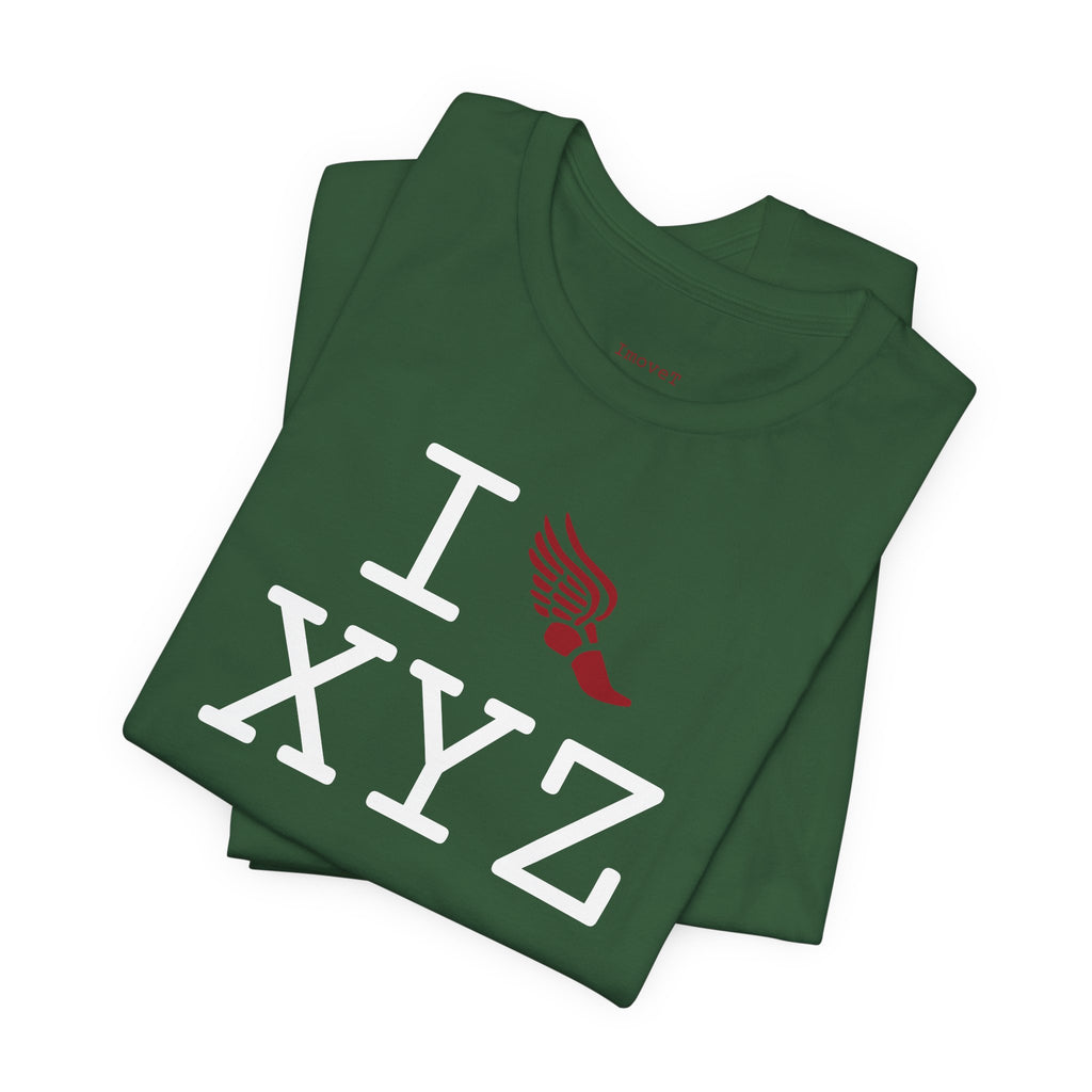 I Run unisex T, crimson logo