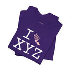 I Run unisex T, pink logo