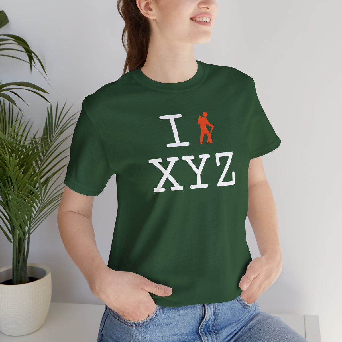 I Hike unisex T, orange hiker