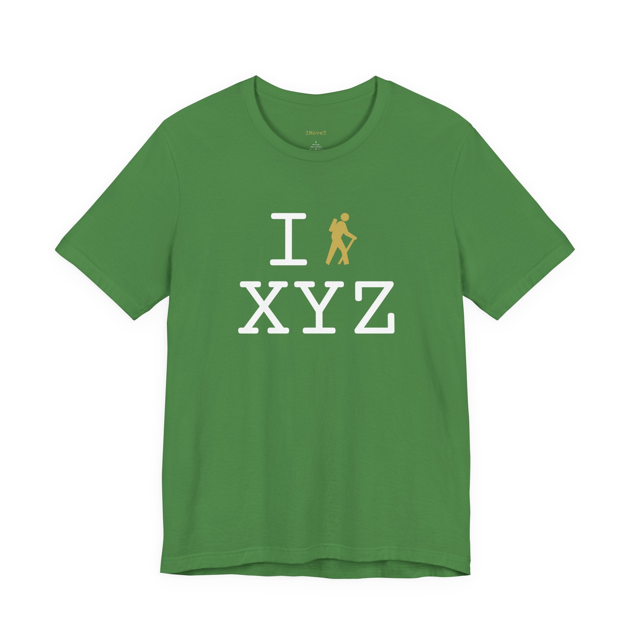 I Hike ___ unisex T, gold hiker