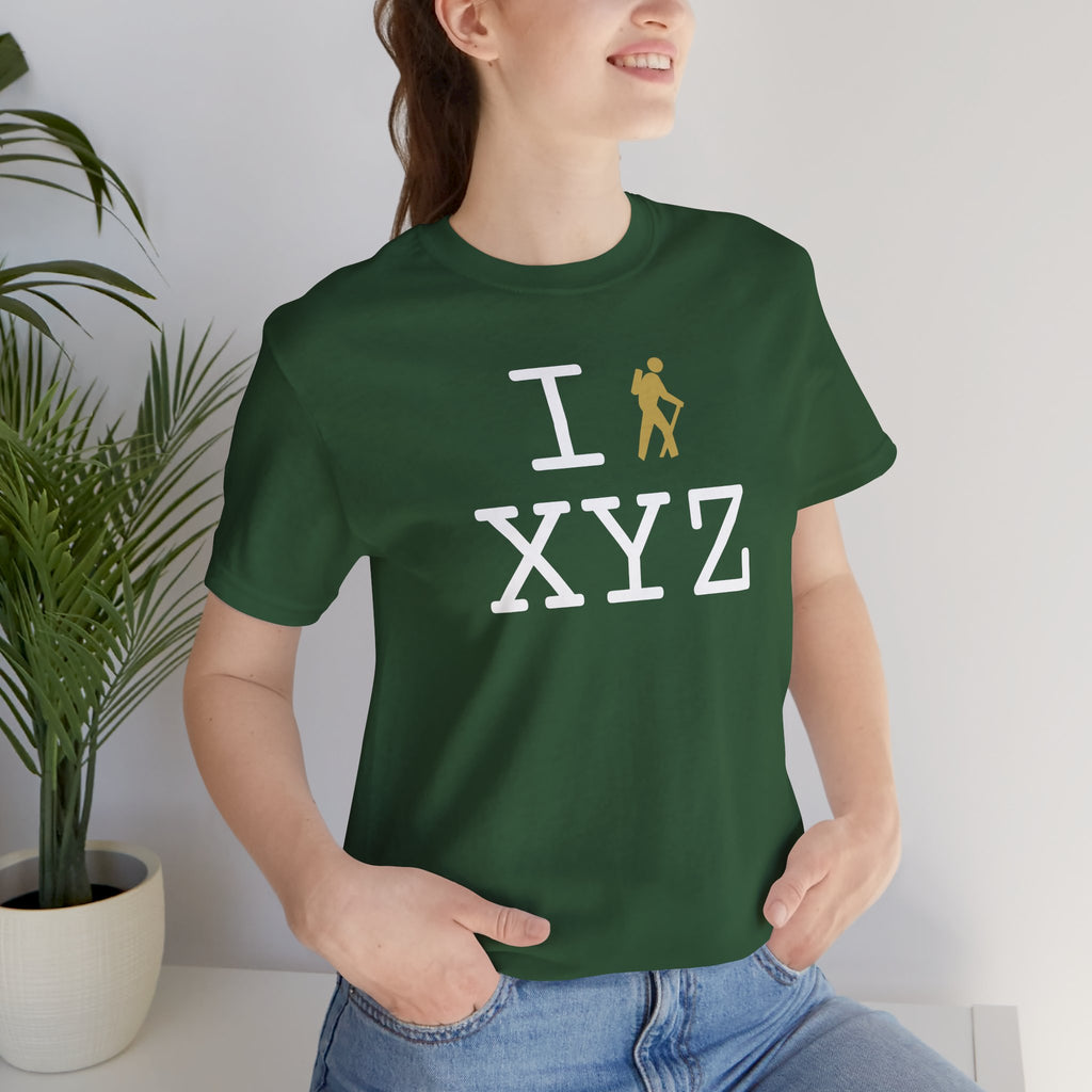 I Hike unisex T, gold hiker
