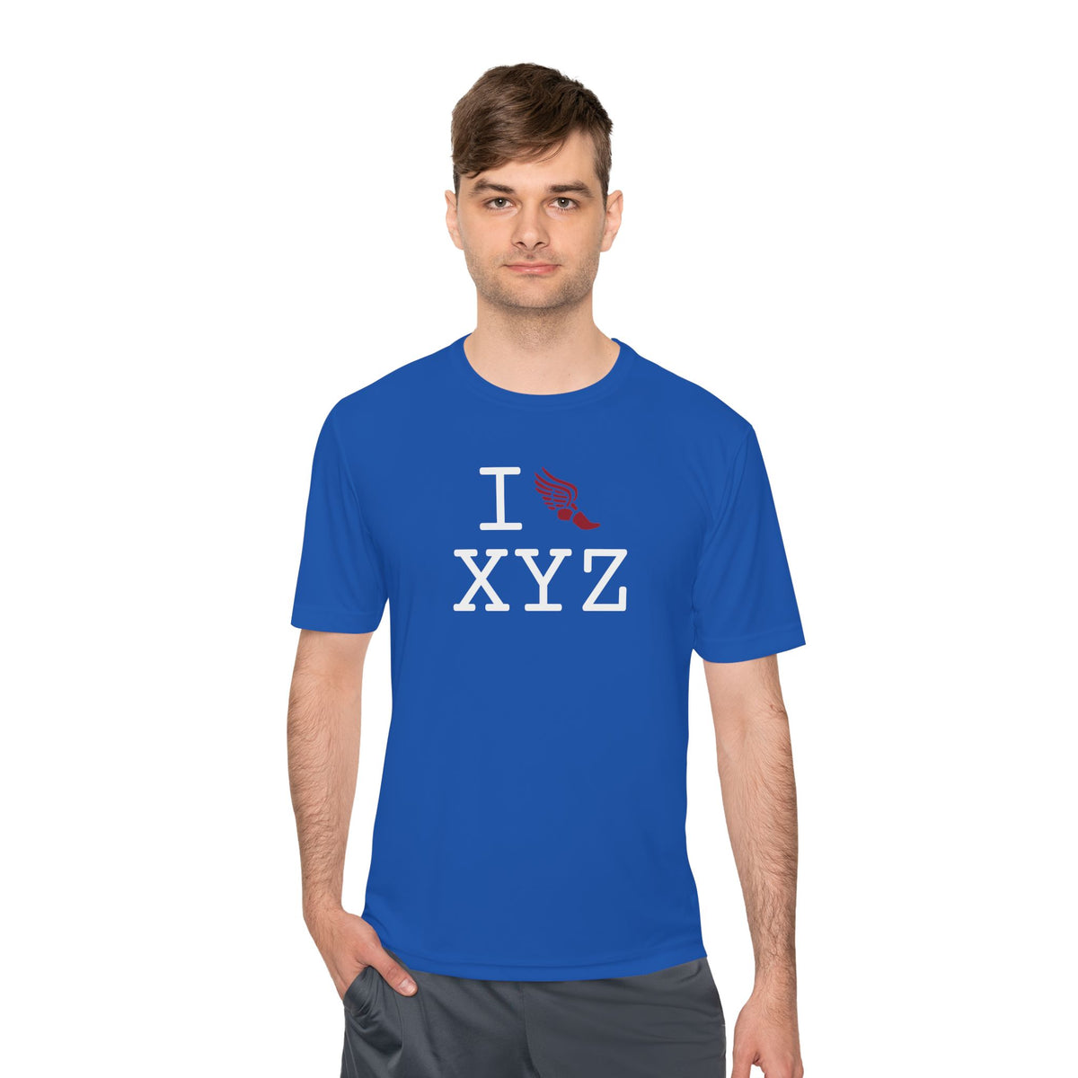 I Run athletic T, crimson logo