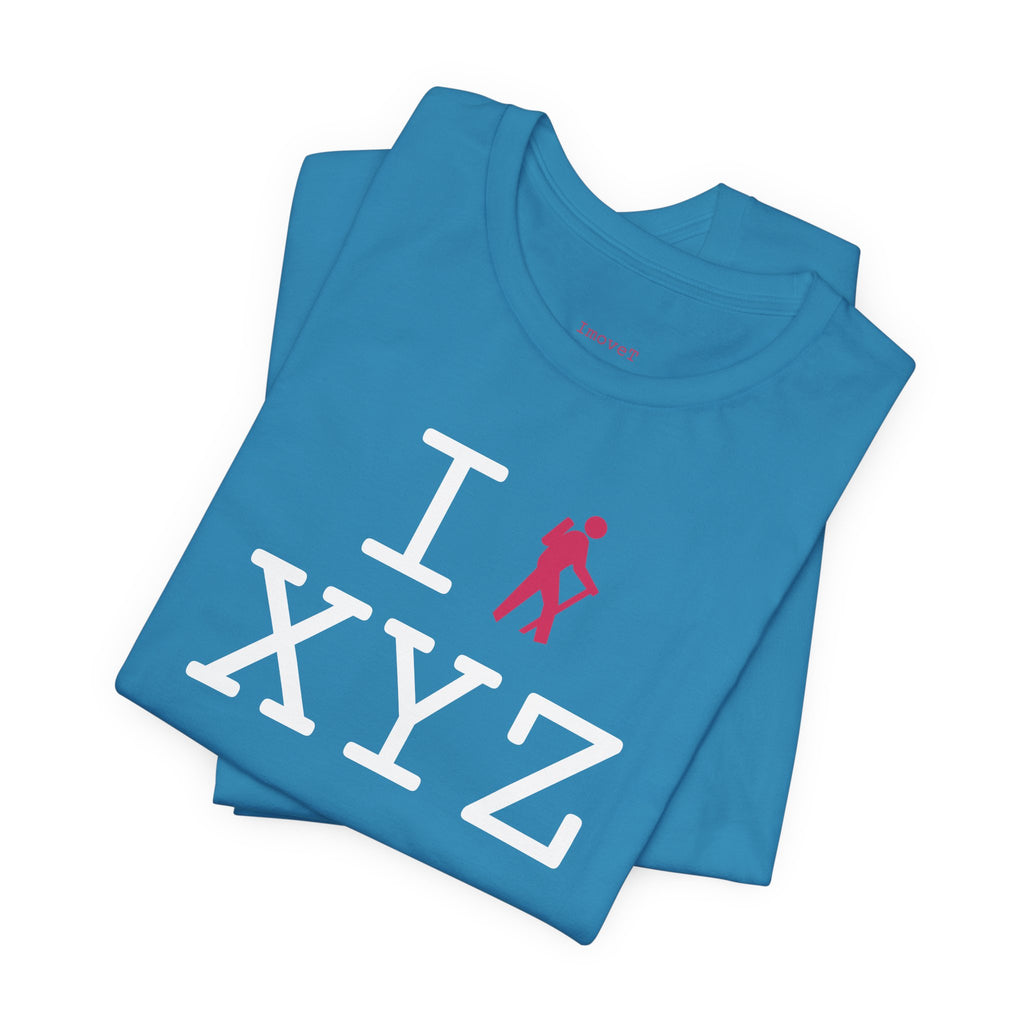 I Hike unisex T, hot pink hiker