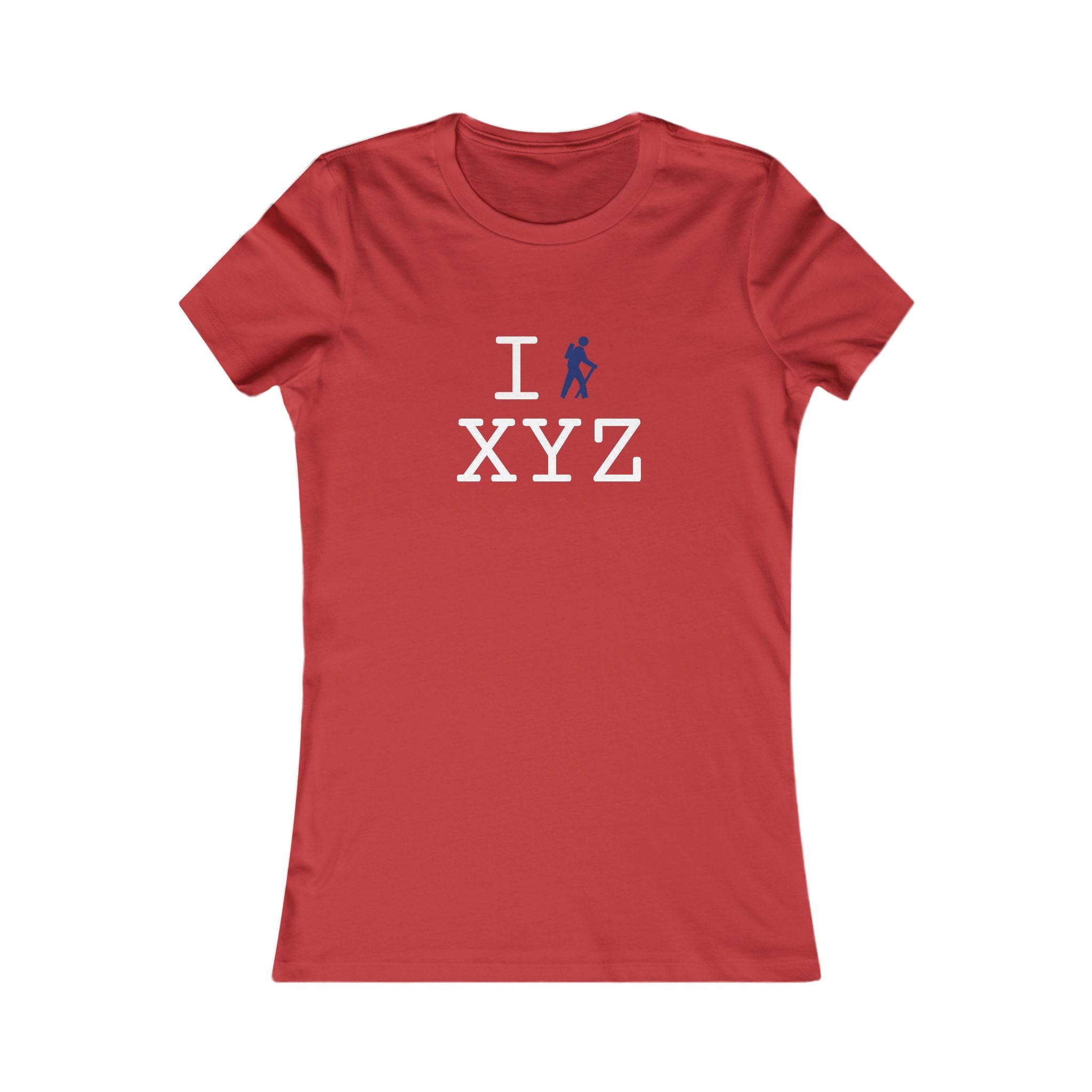 "I Hike ___" women's T, navy hiker