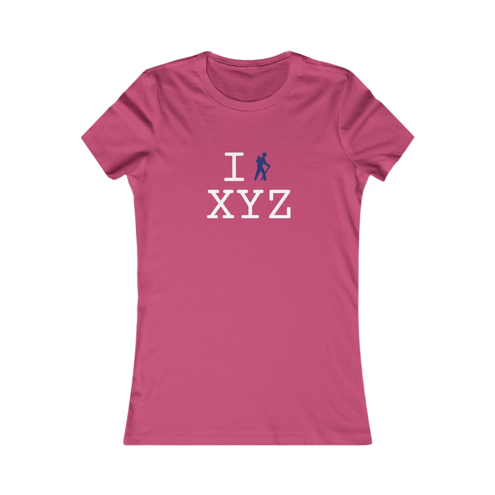 "I Hike ___" women's T, navy hiker