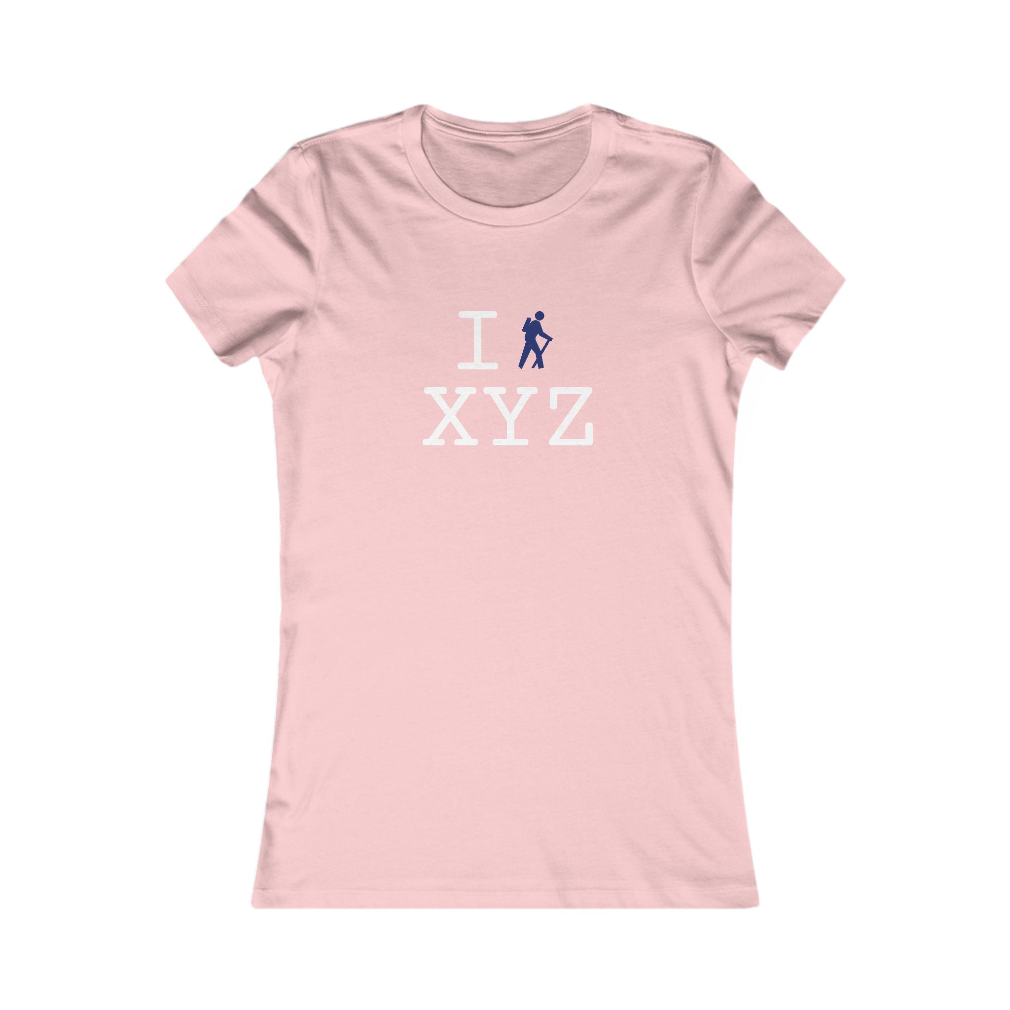 "I Hike ___" women's T, navy hiker