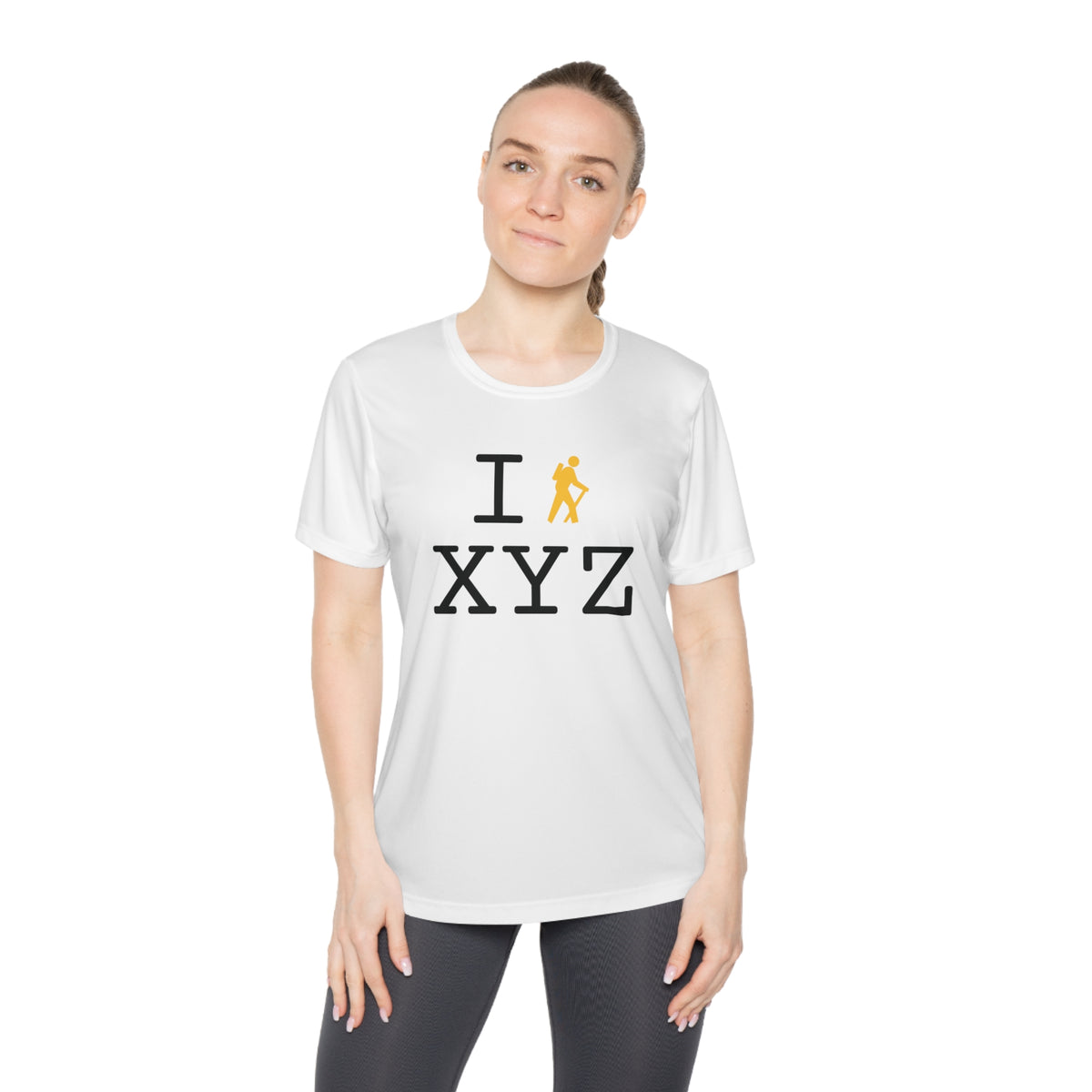 I Hike women's athletic T, yellow hiker