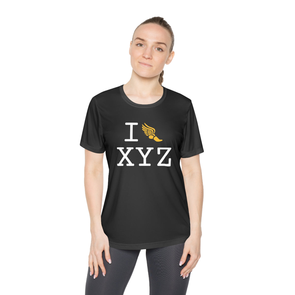 I Run women's athletic T, yellow logo