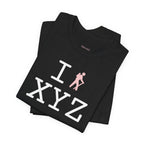 I Hike unisex T, pink hiker