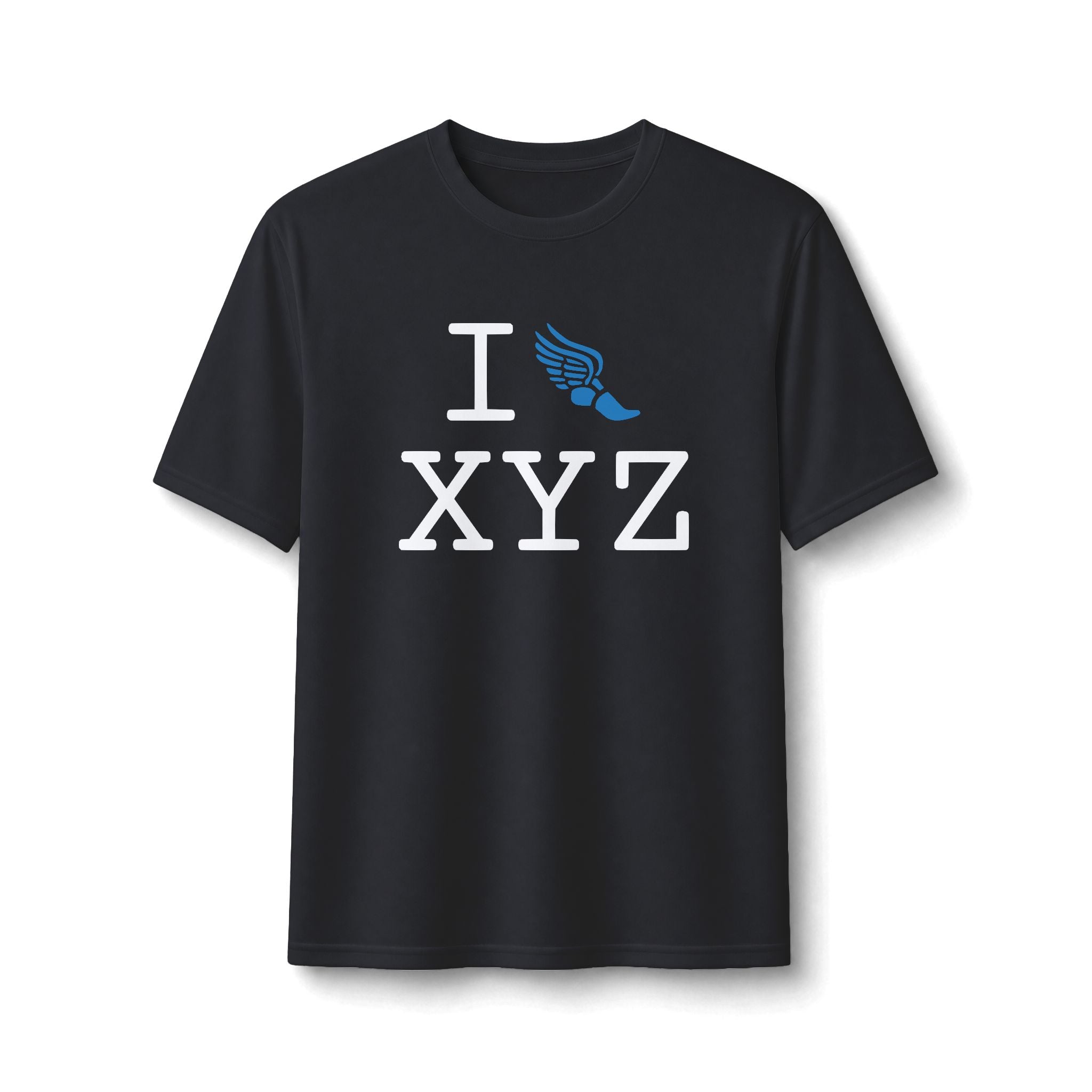 I Run ___ athletic T, light blue logo