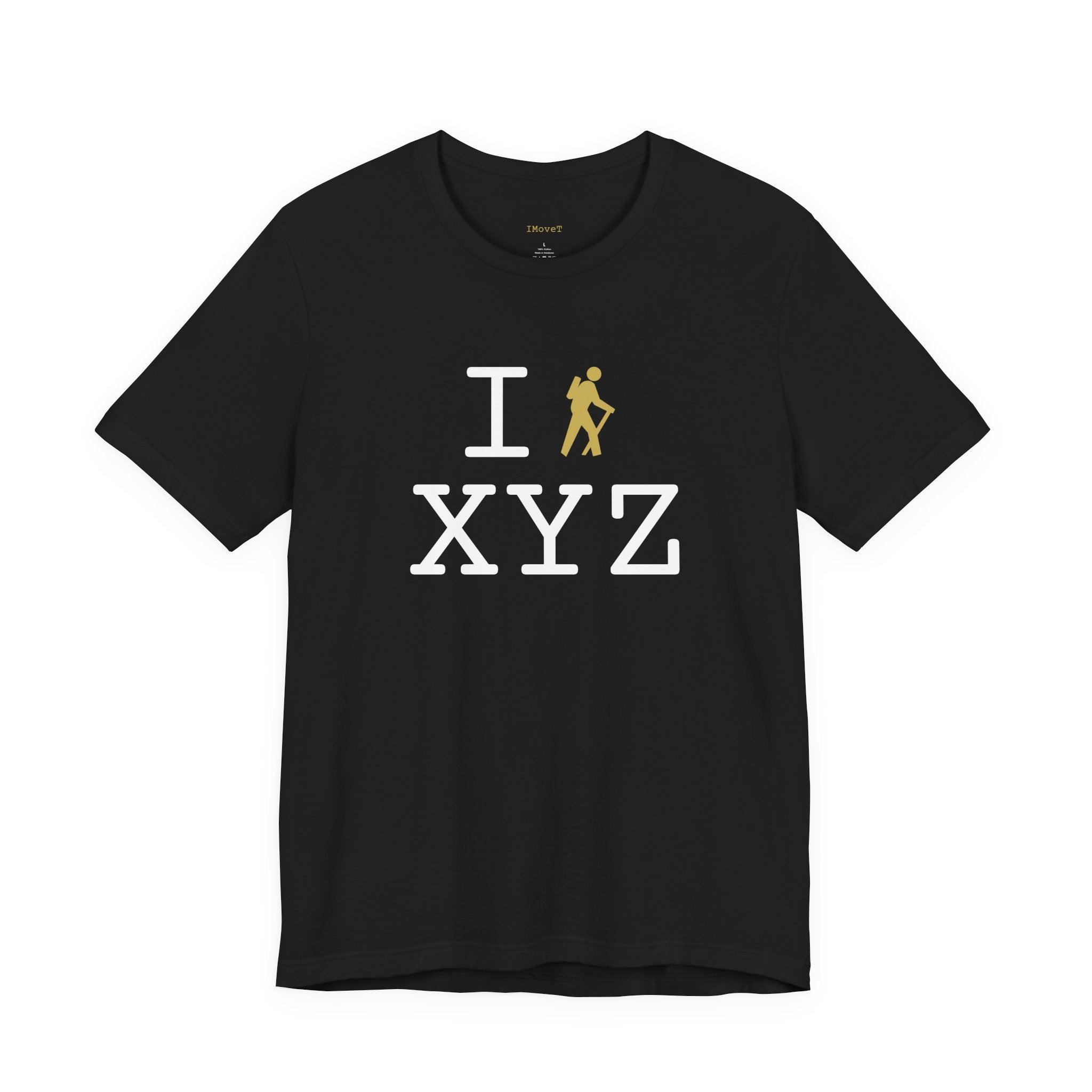 I Hike ___ unisex T, gold hiker